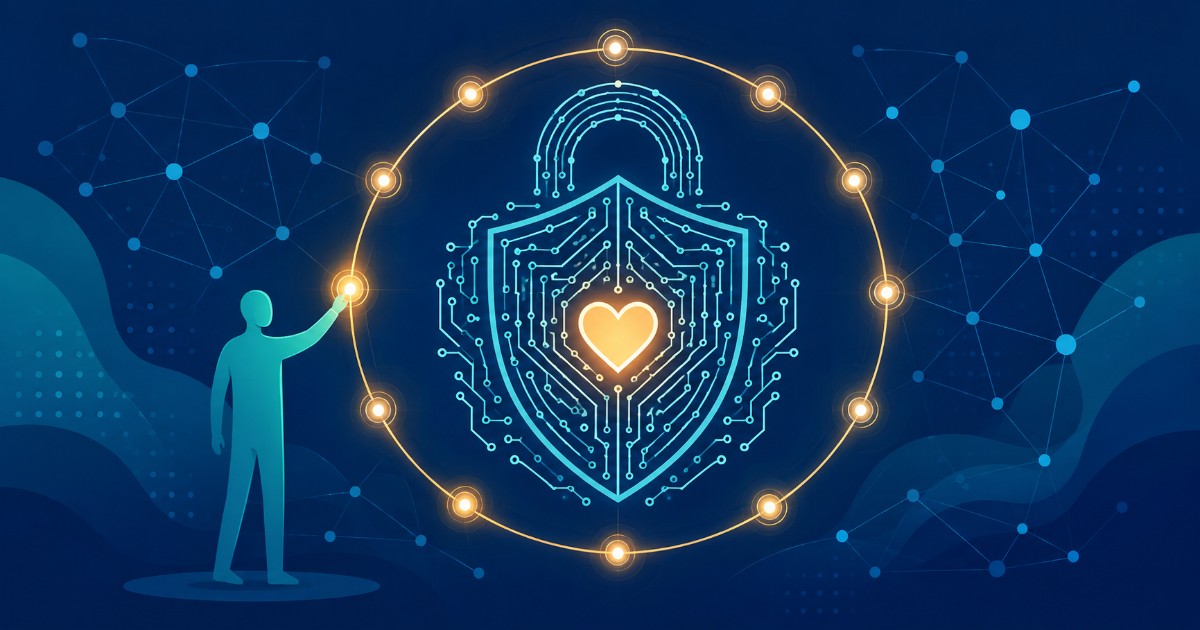 Circuit-pattern shield with a glowing heart, symbolising privacy and choice in AI companionship