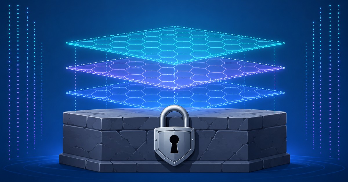 Stone foundation block with a padlock and layered hexagonal grids above it
