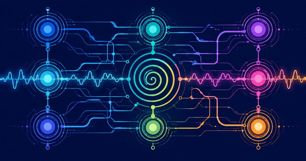 Network of ring nodes wired together around a spiral, with a signal waveform running through